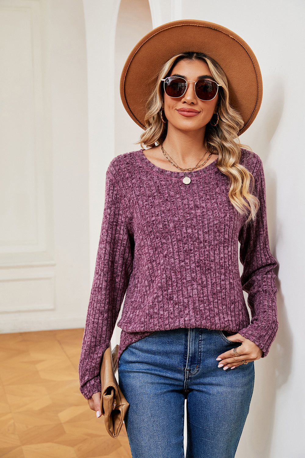 Full Size Heathered Round Neck Top