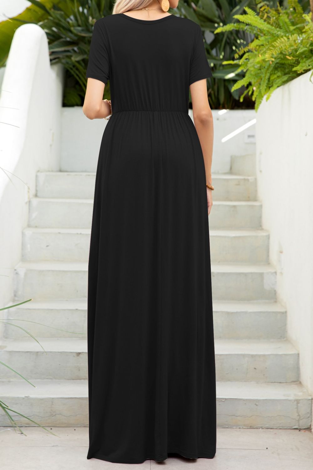 Women's Full Size Round Neck Maxi Tee Dress with Pockets