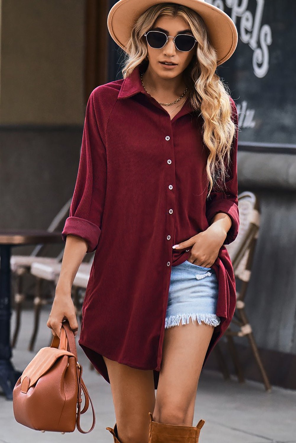 Women's Button Front Curved Hem Raglan Sleeve Shirt Dress