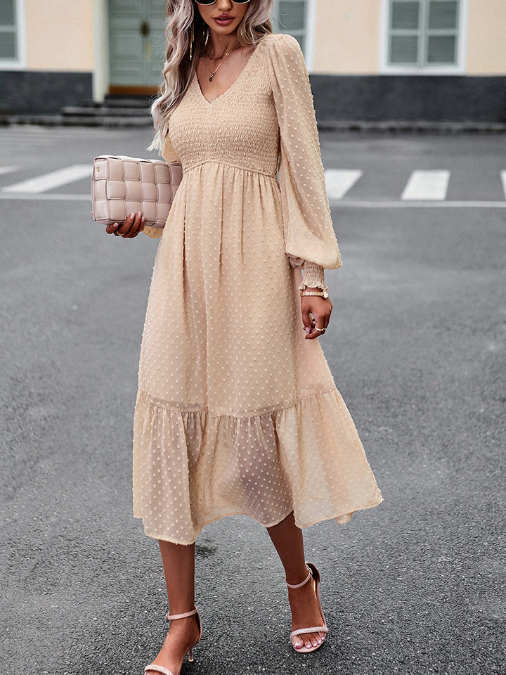 IconicDream Swiss Dot V-Neck Flounce Sleeve Midi Dress