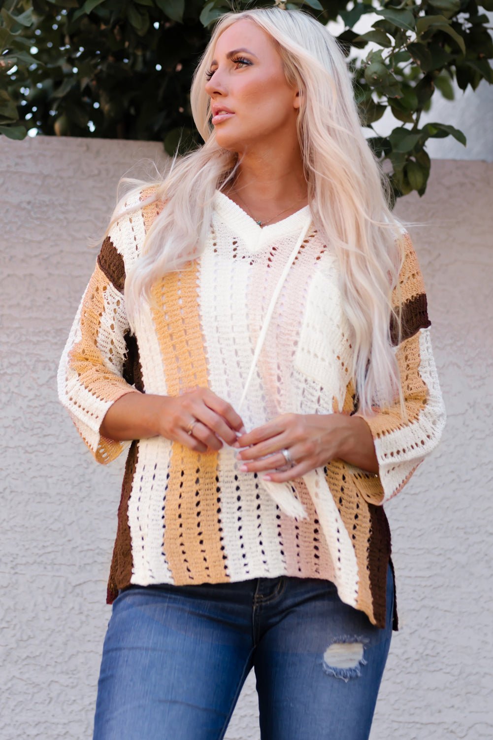 Women's Full Size Run Color Block Openwork Hooded Sweater