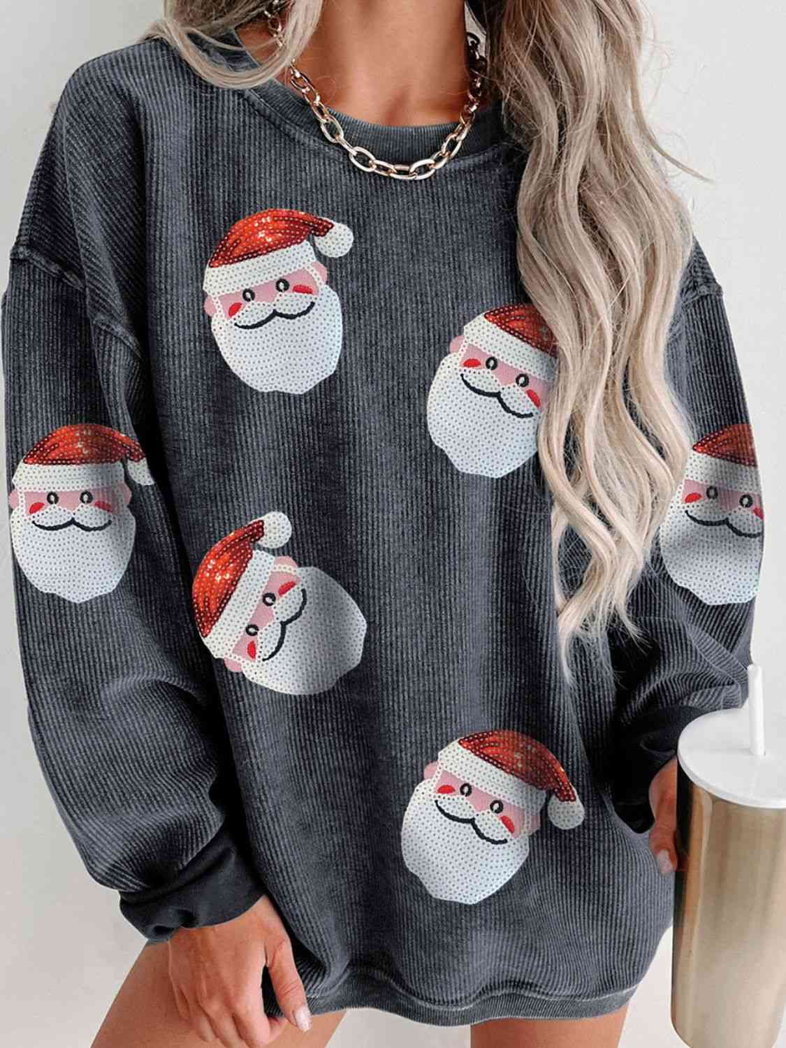 CHRISTMAS Sequin Santa Patch Ribbed Sweatshirt