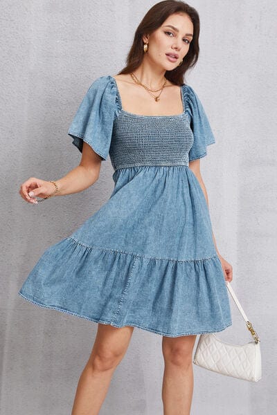 Larissa Bea Smocked Square Neck Mini Denim Dress