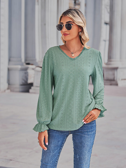 Full Size Eyelet V-Neck Flounce Sleeve Blouse