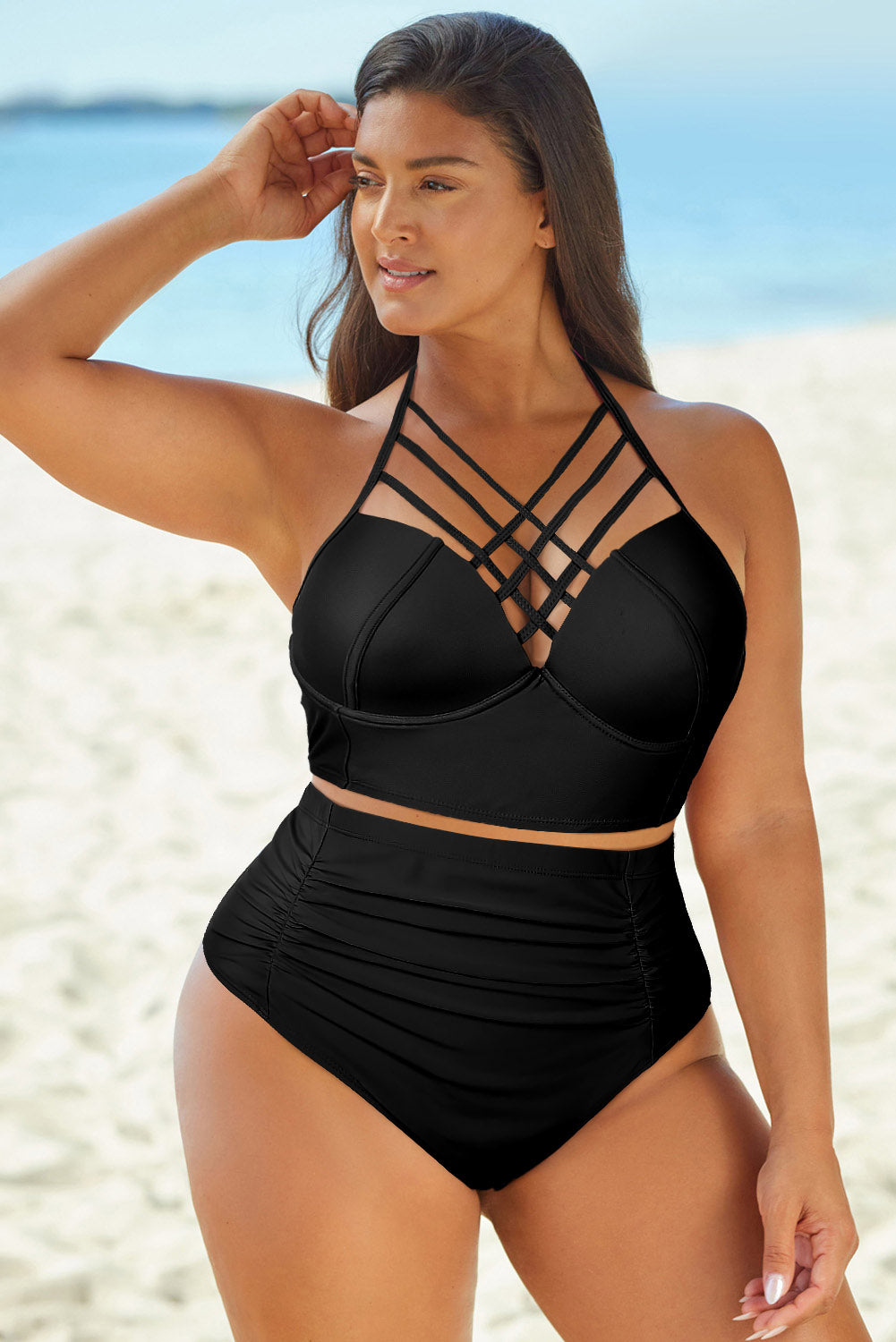 Women's Full Size Halter Neck Crisscross Ruched Two-Piece Swimsuit