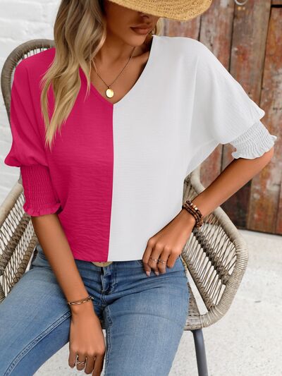 Contrast V-Neck Lantern Sleeve Blouse