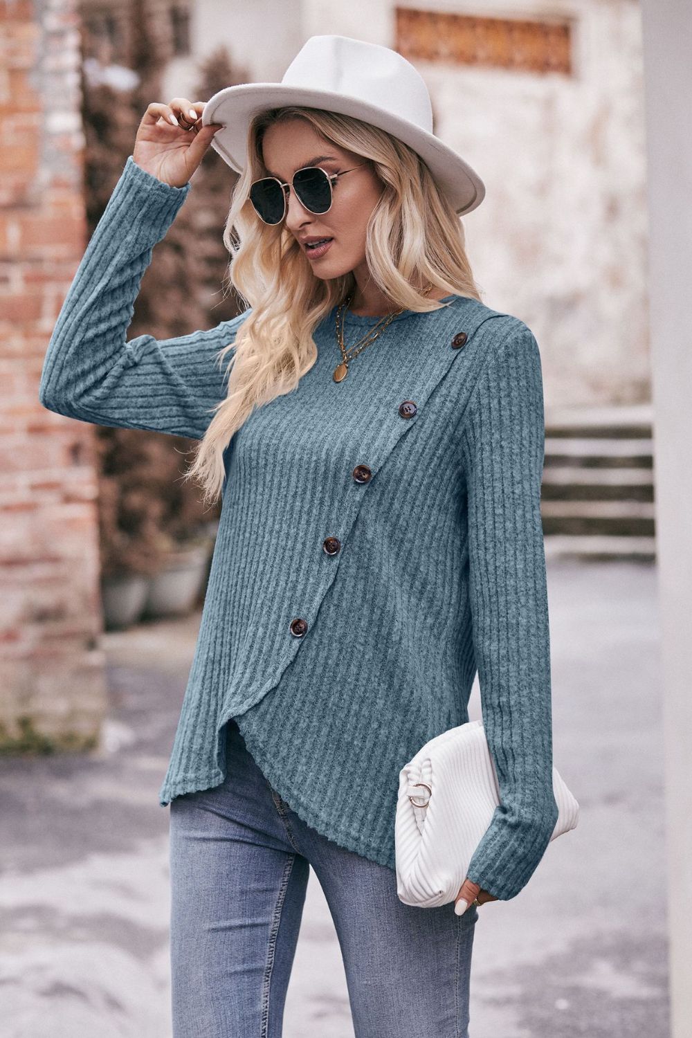 Full Size Ribbed Round Neck Buttoned Long Sleeve Tee