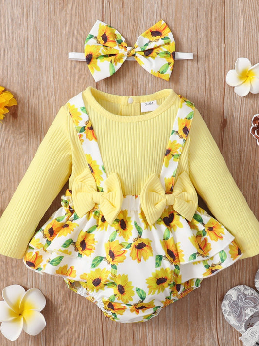 LITTLE GIRLS Yellow Two-Tone Sunflower Ribbed Bodysuit Dress with Headband SZ 0M-18M
