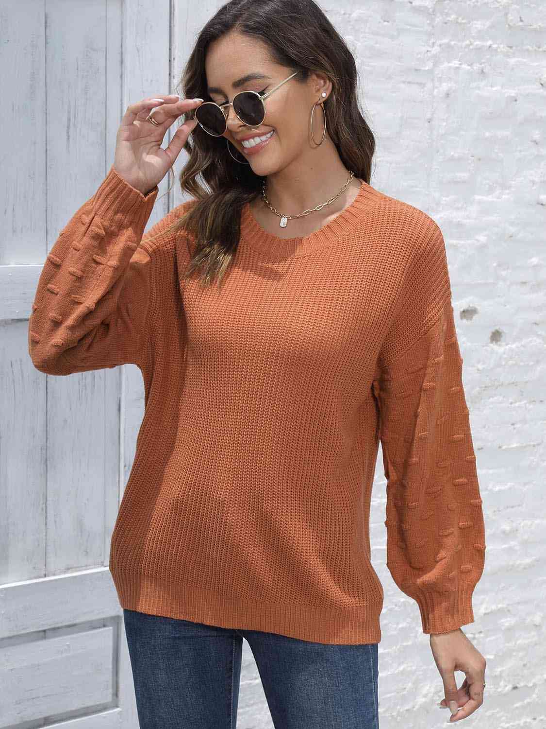 One Size Round Neck Dropped Shoulder Sweater