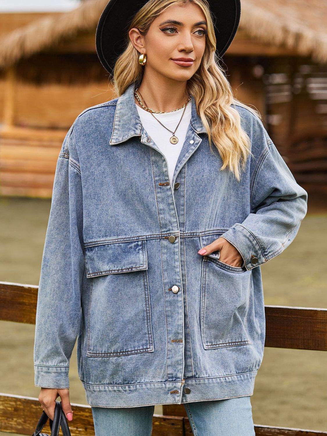 Outer Adventure Full Size Dropped Shoulder Denim Jacket with Pockets
