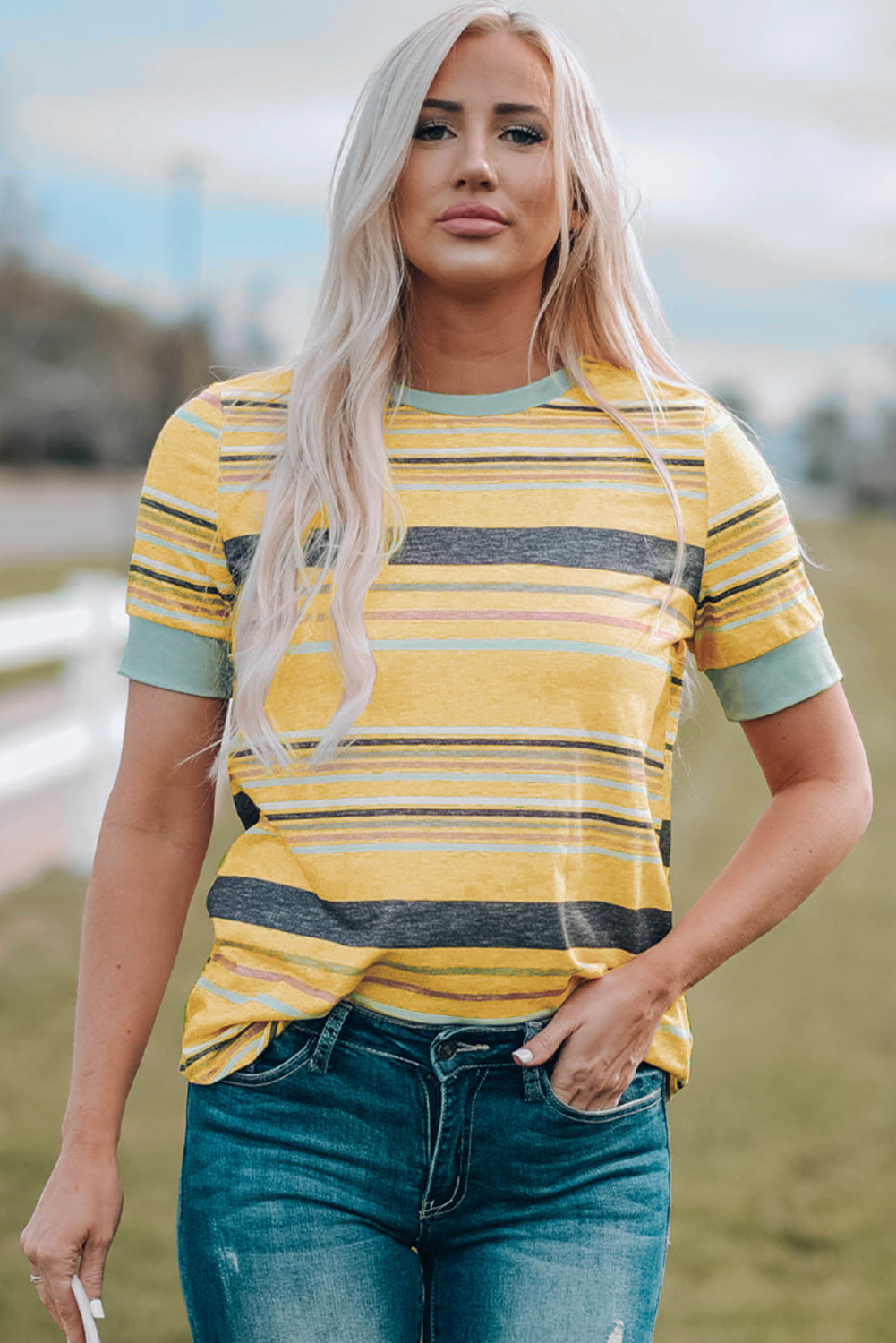 Women's Full Size Multicolored Striped Round Neck Tee Shirt