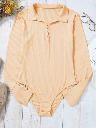 Half Button Collared Neck Long Sleeve Bodysuit