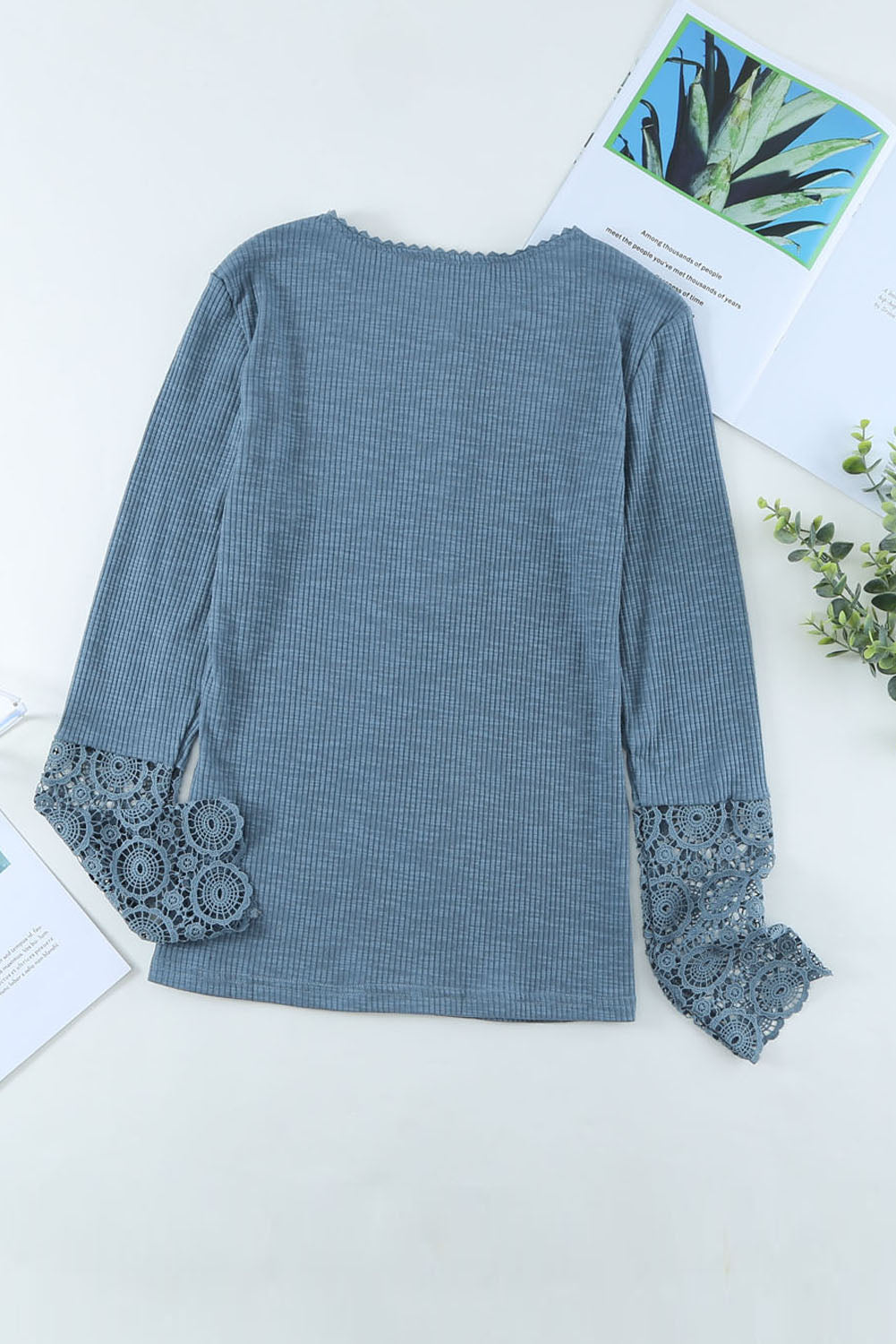 Full Size Crochet Lace Hem Sleeve Button Top