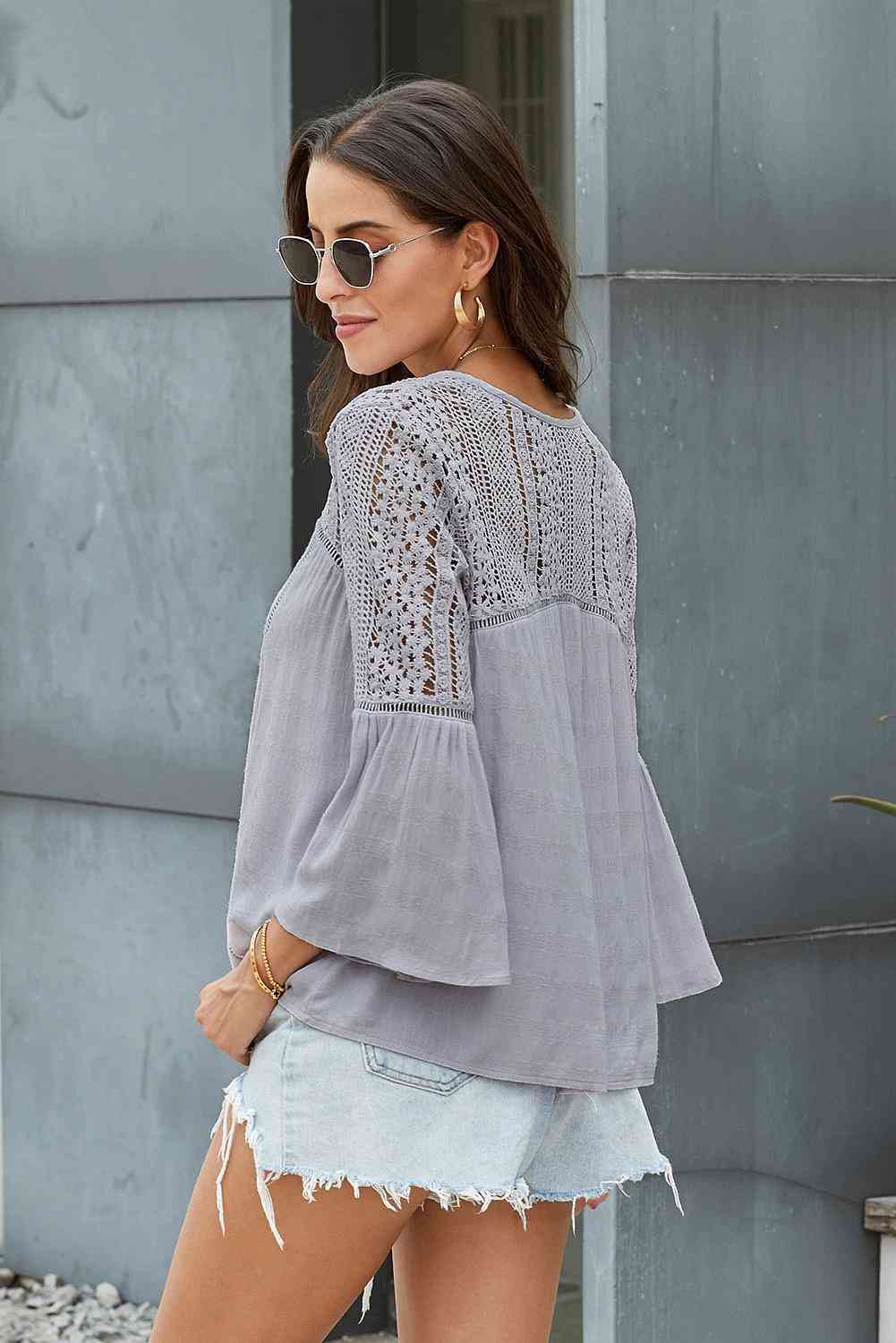 FULL SIZE Flare Sleeve Spliced Lace V-Neck Shirt