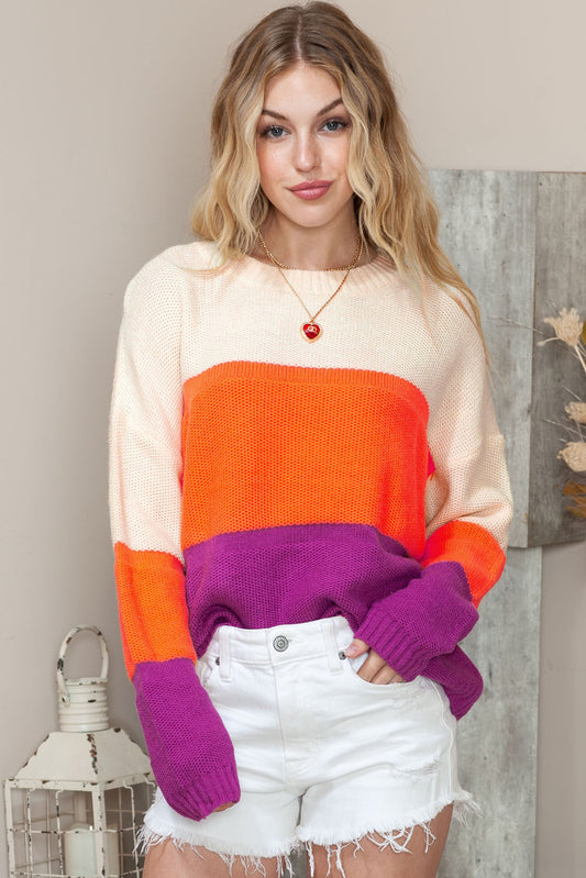 Fantastic Orange Round Neck Color Block Sweater 🦋