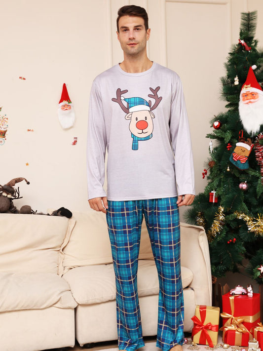 Men's & Women's Full Size Christmas Rudolph Graphic Long Sleeve Top and Plaid Pants PJ Set