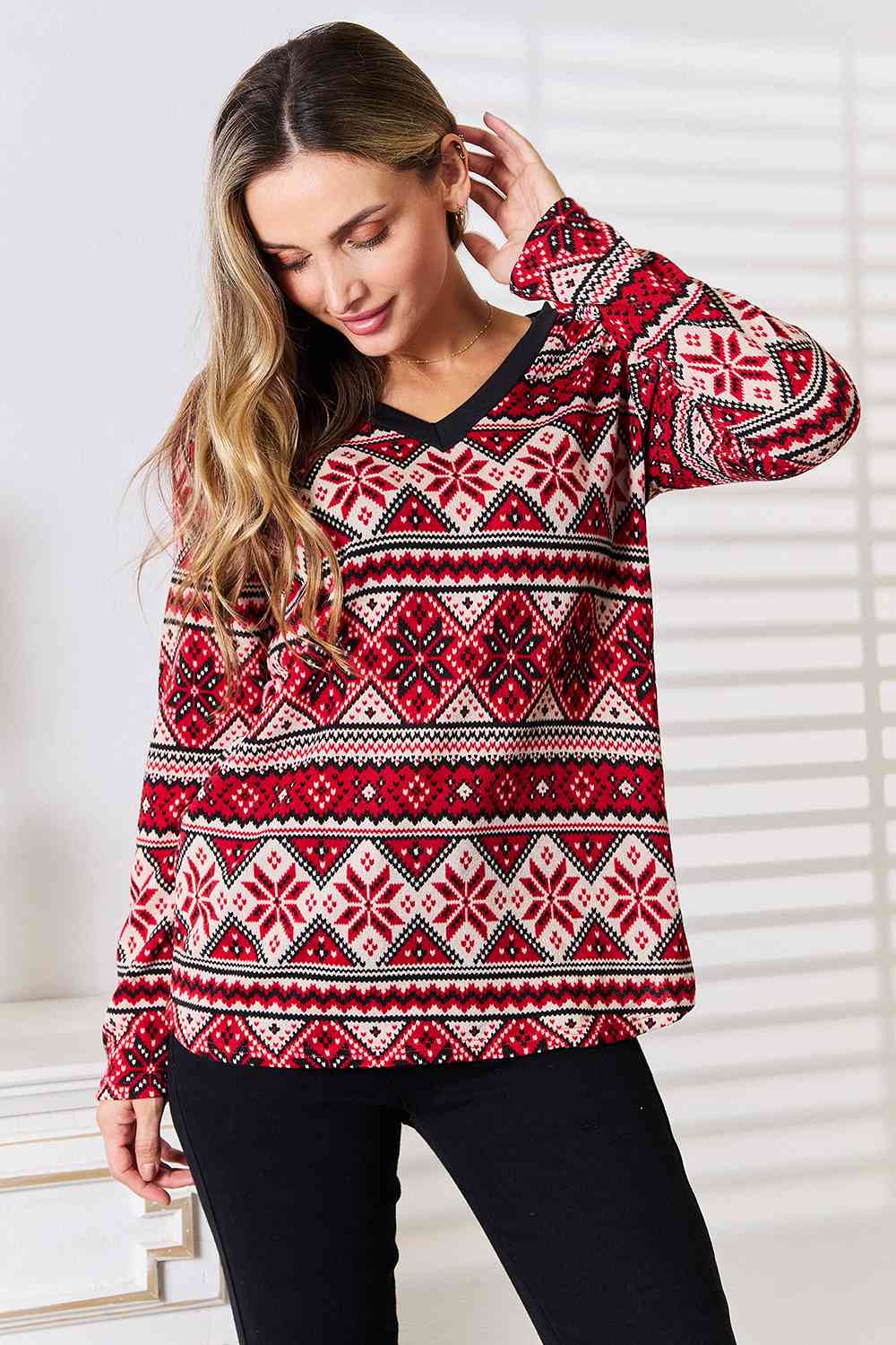 Heimish Full Size Christmas Snowflake Print Long Sleeve Top