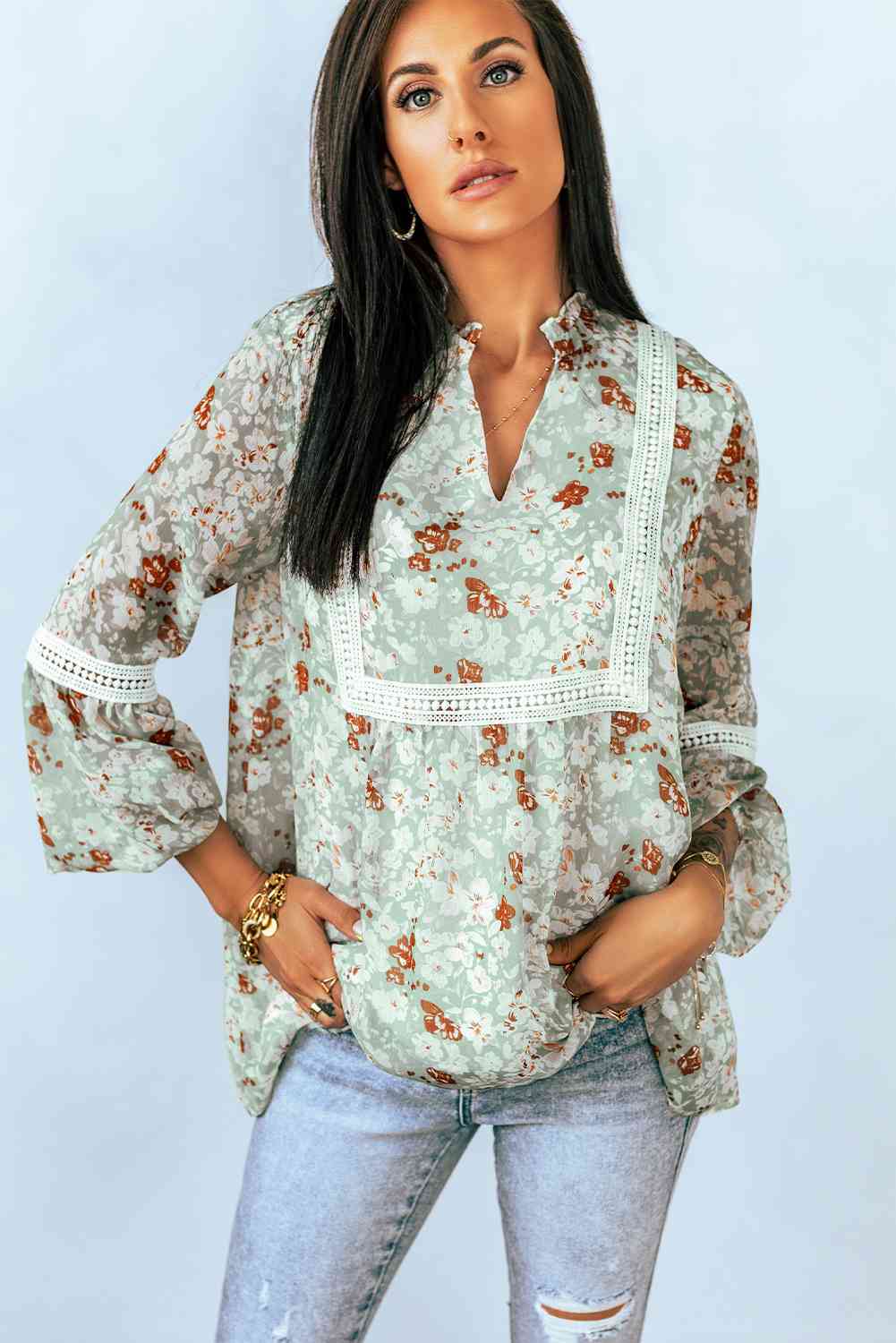 FULL SIZE Sage Green Floral Lace Trim Blouse