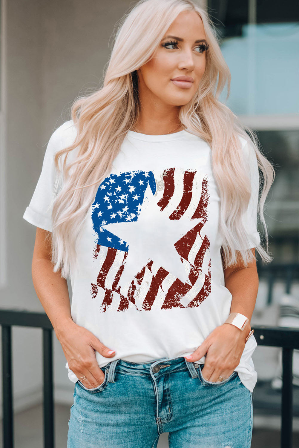 Full Size US Flag Graphic Round Neck Tee