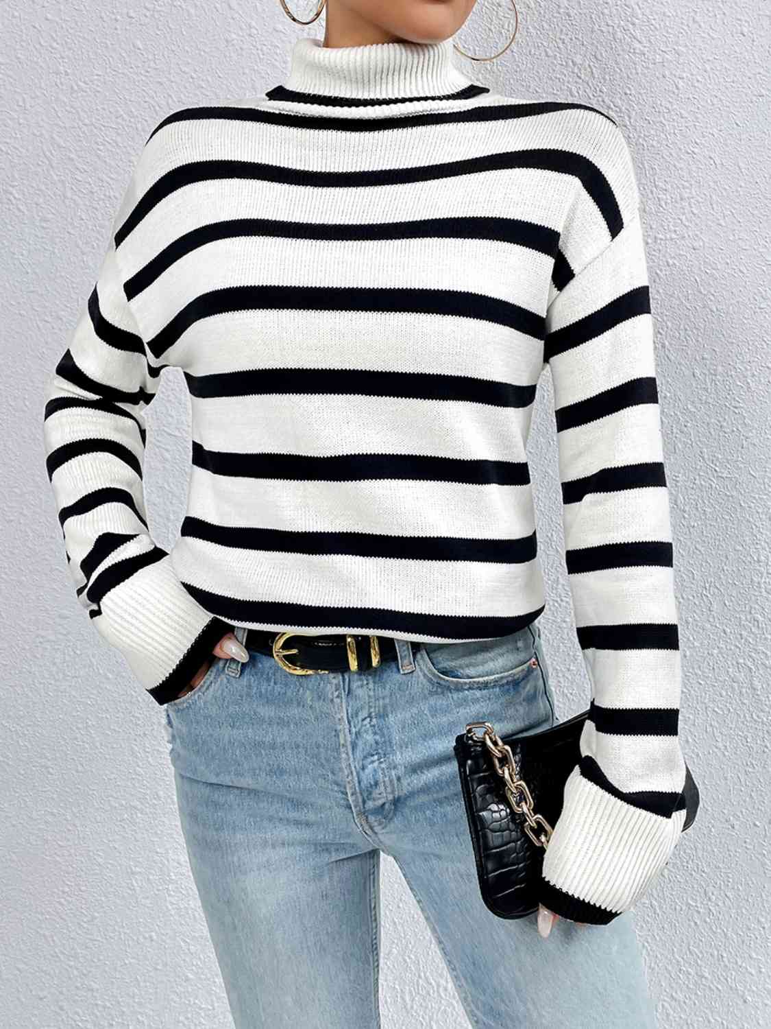 KnittedEmporium Full Size Striped Turtleneck Drop Shoulder Sweater