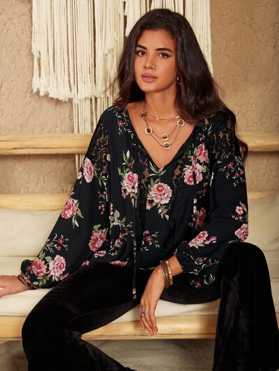 Women's CallistaAnn Flower Printed Tie Neck Long Sleeve Blouse