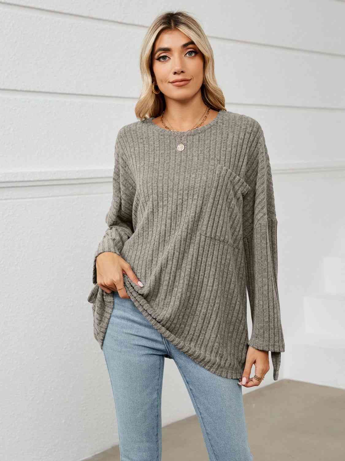 Full Size Round Neck Ribbed Long Sleeve T-Shirt