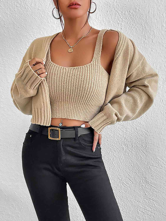 Tan Plain Sweater Cami and Cardigan Set