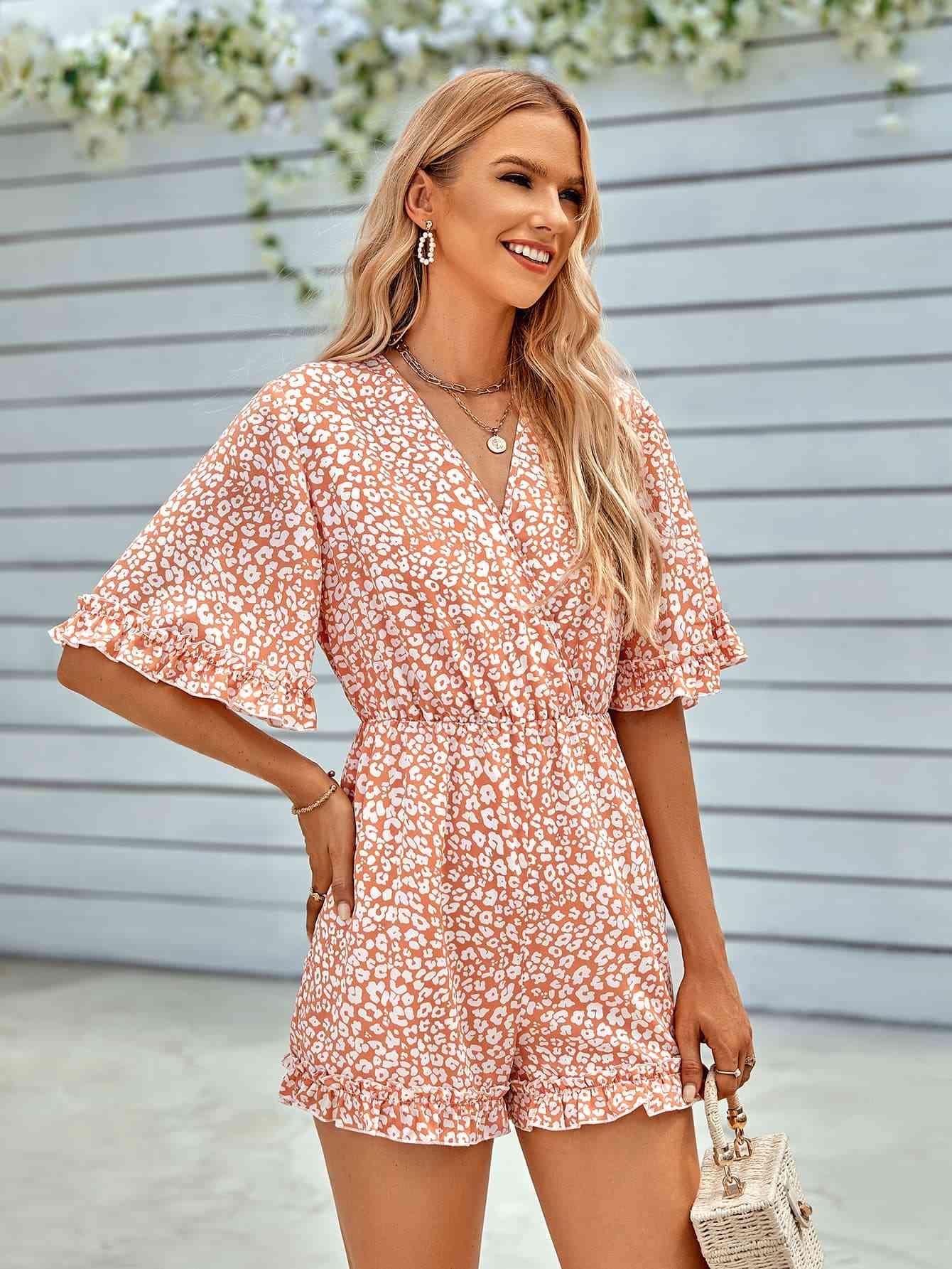 DuskJumpers Leopard Ruffled Surplice Romper