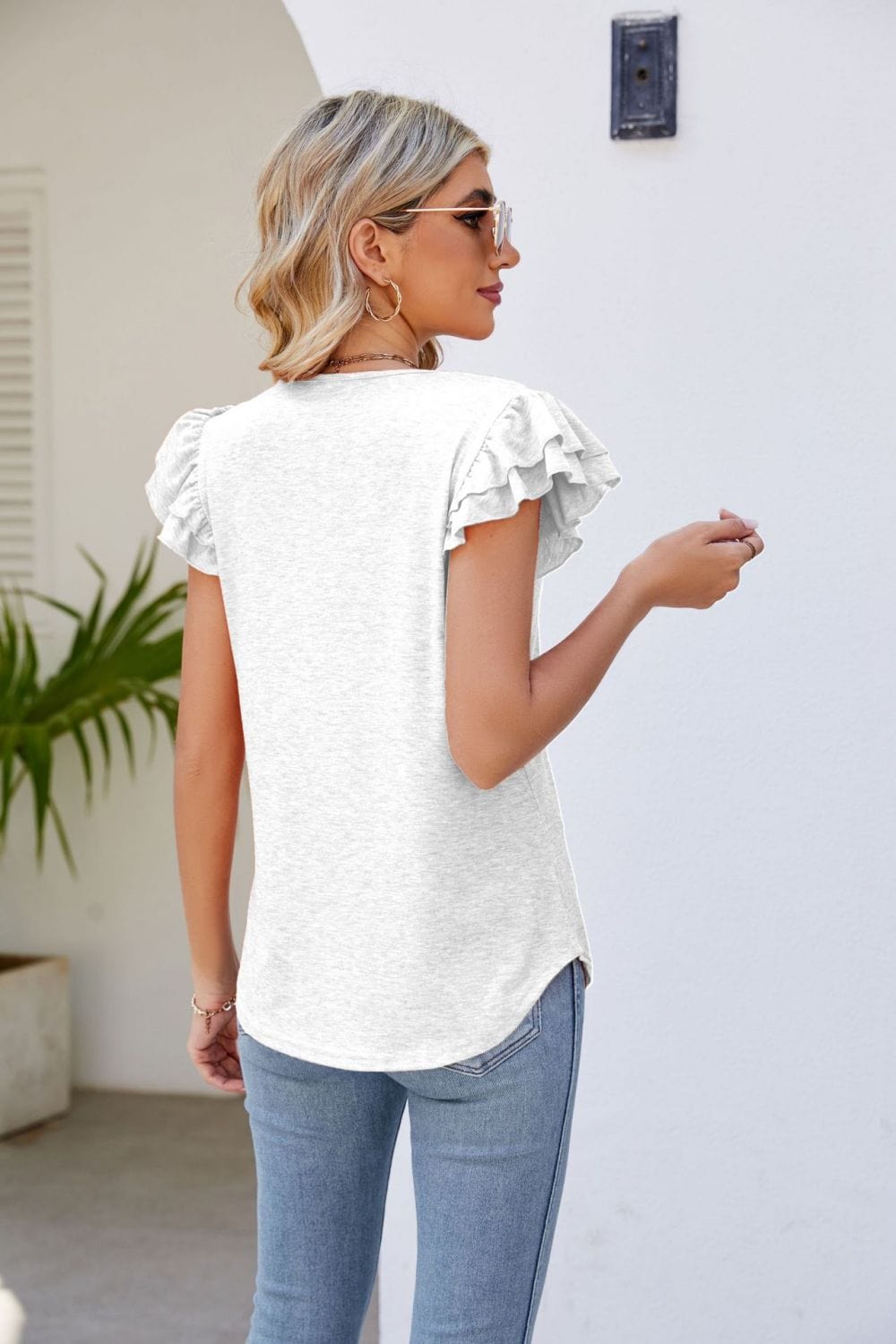 Full Size Smocked Flutter Sleeve V-Neck Top