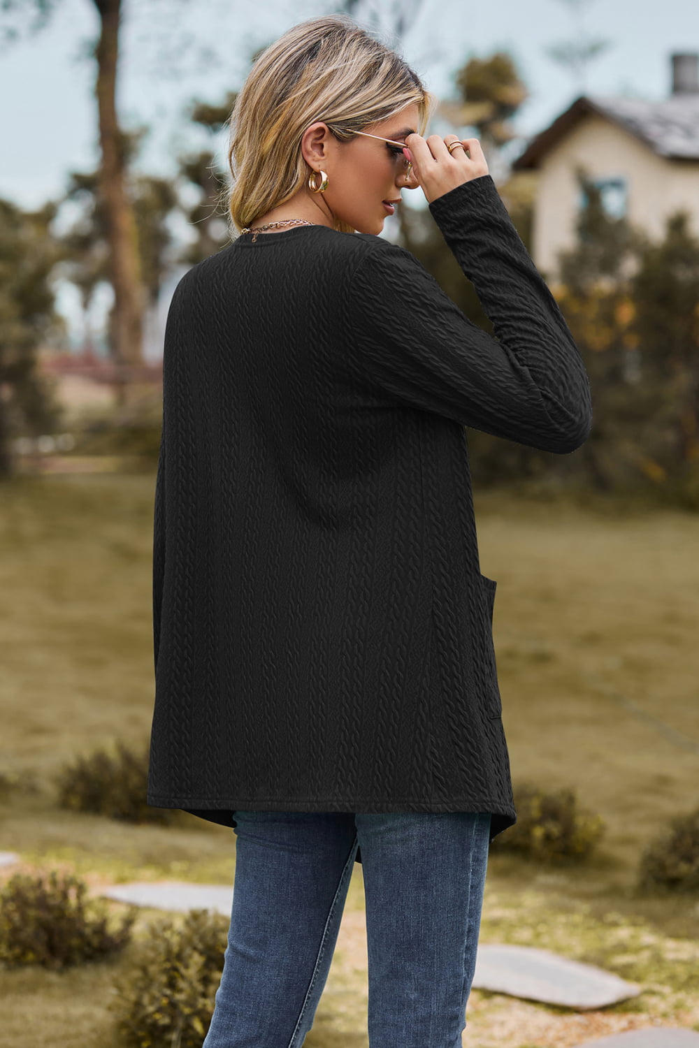 Cable-Knit Long Sleeve Cardigan with Pocket