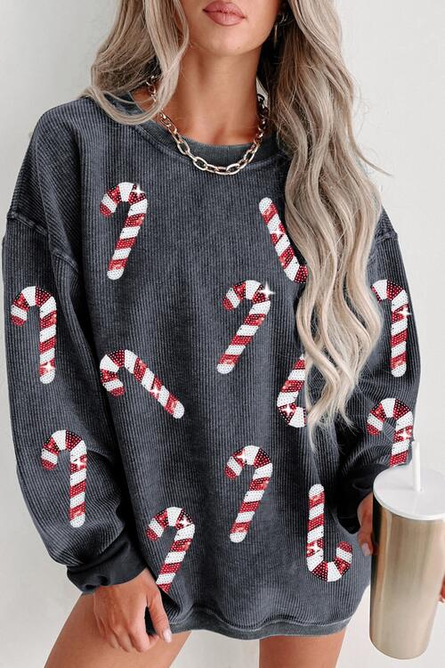 Christmas Themed Sequin Candy Cane Round Neck Sweatshirt
