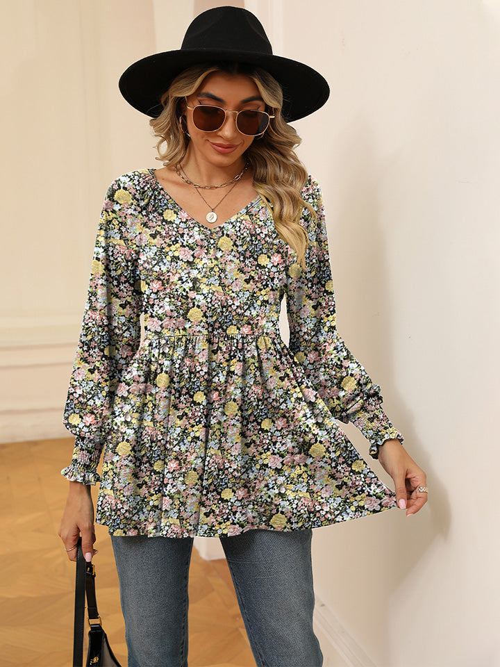 Full Size Printed V-Neck Lantern Sleeve Blouse