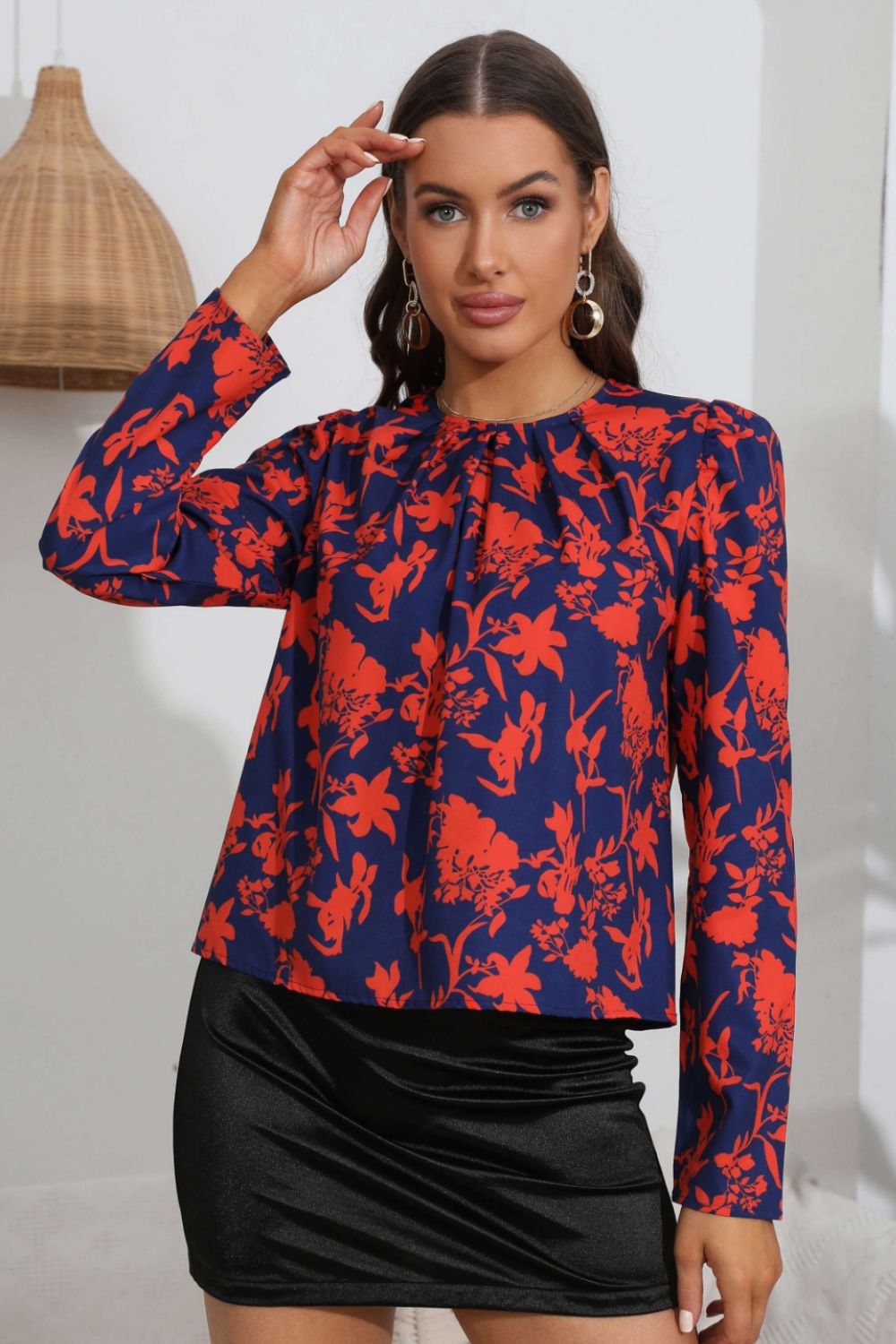 SophisticatedMe Red Floral Long Puff Sleeve Blouse
