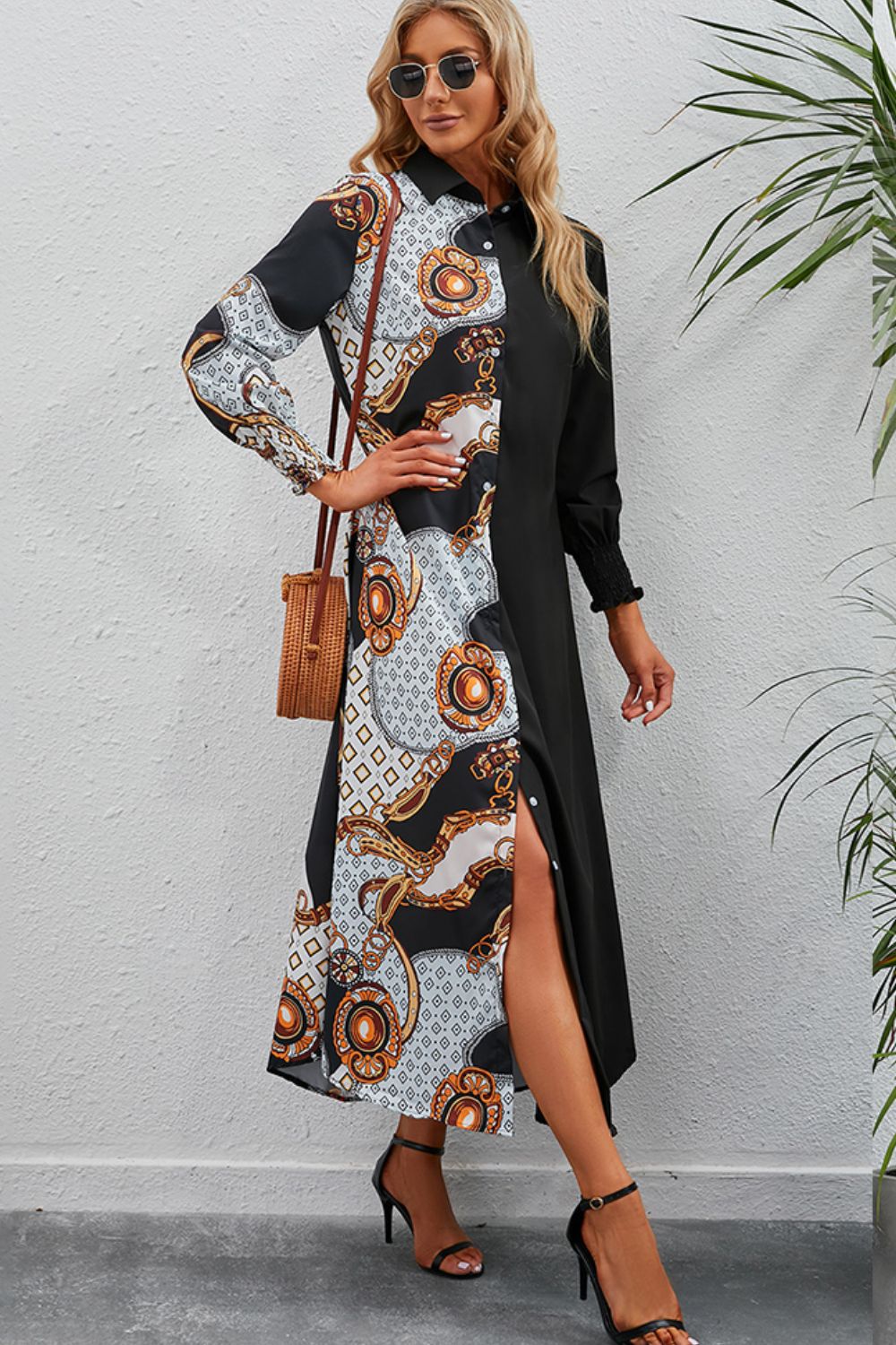 Women's Full Size Printed Long Sleeve Collared Dress