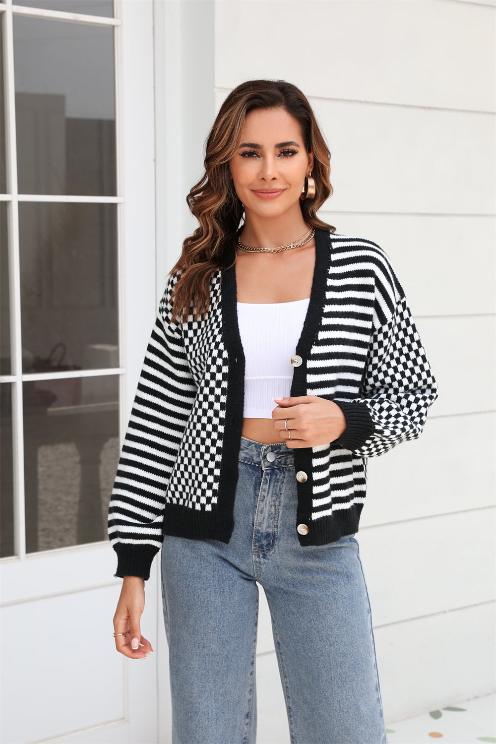 Sophia & Grace Button-Down Stripe & Plaid Contrast Pattern Cardigan