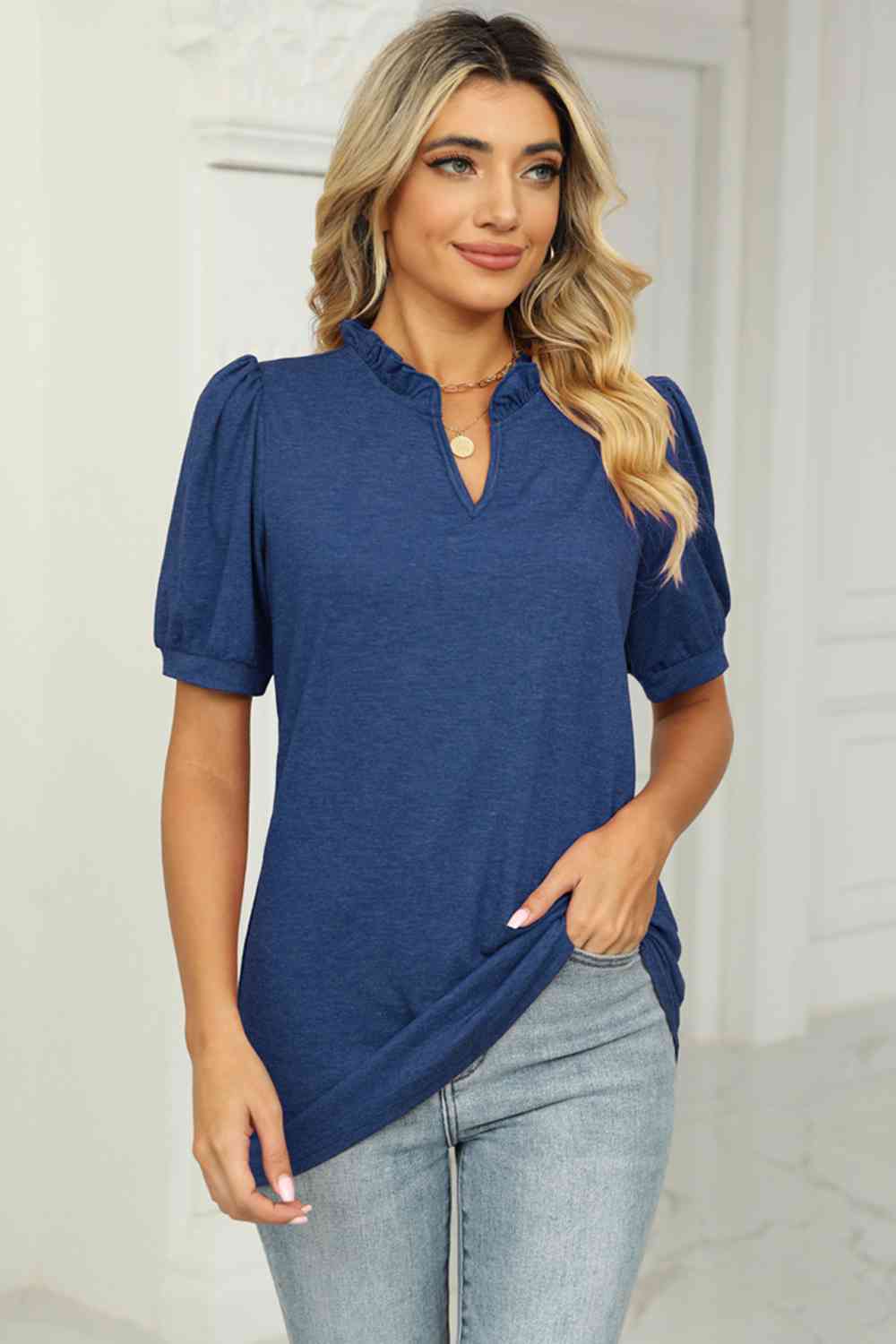 Full Size Notched Neck Puff Sleeve T-Shirt