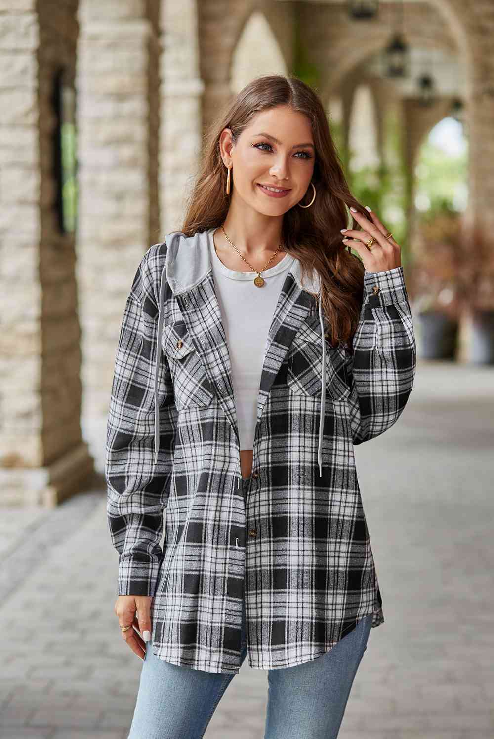 Full Size Plaid Long Sleeve Hooded Jacket