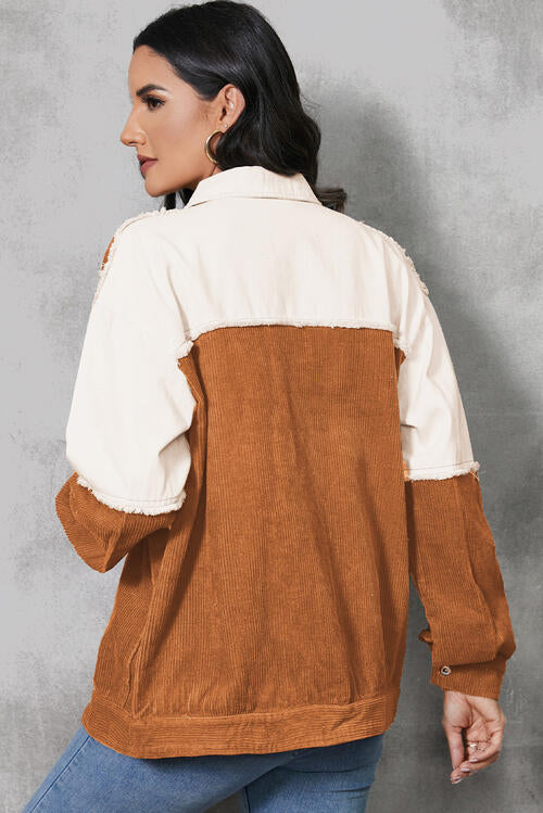 Caramel Brown Raw Hem Color Block Button Up Jacket