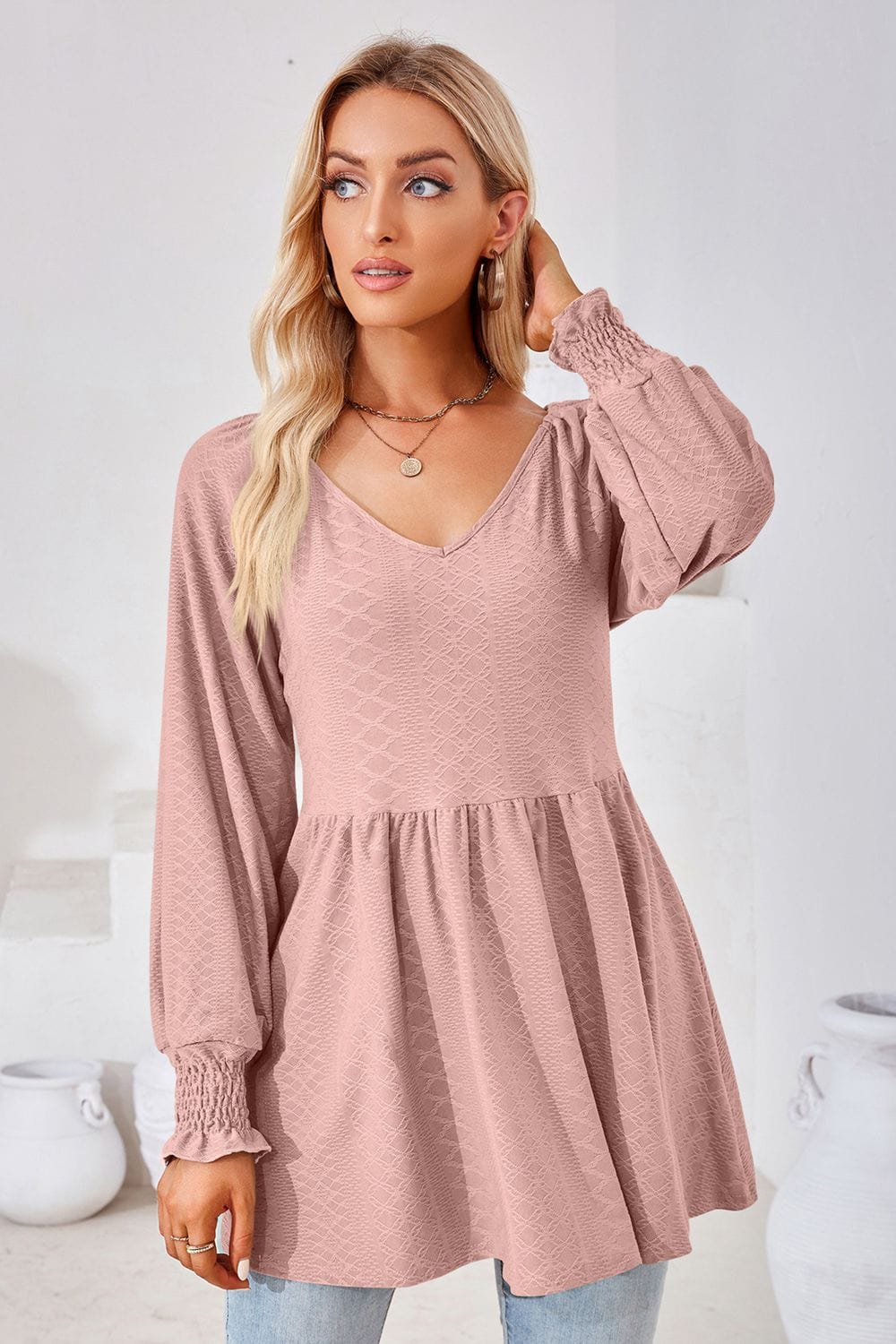 Full Size V-Neck Lantern Sleeve Blouse