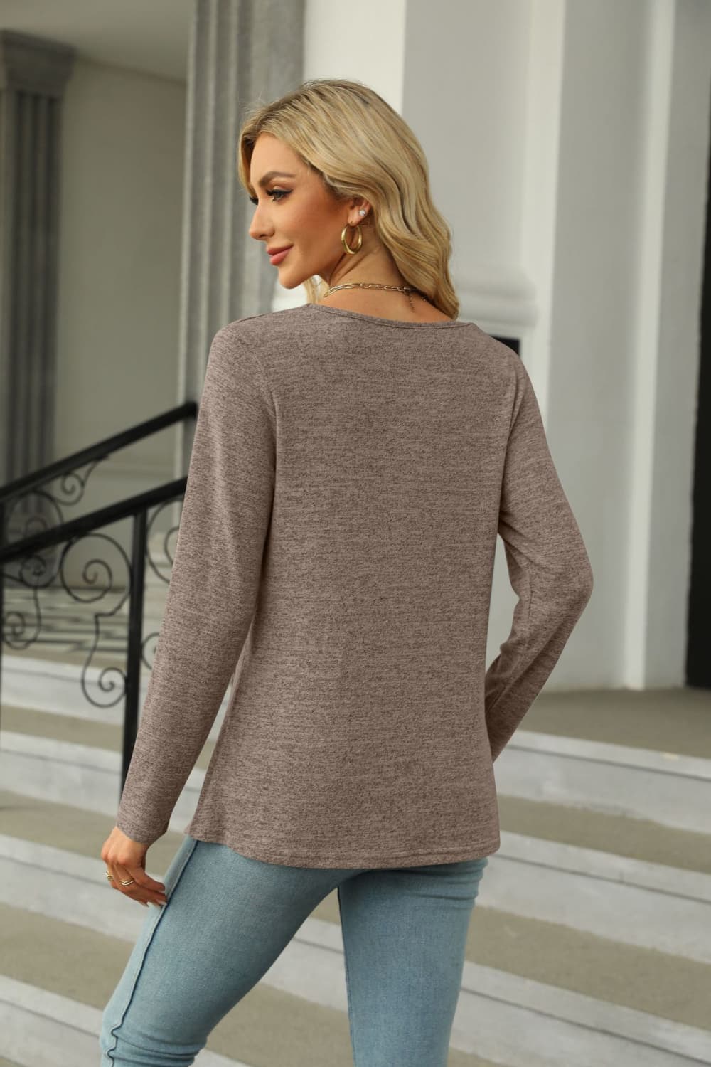 Full Size Square Neck Long Sleeve Slit T-Shirt