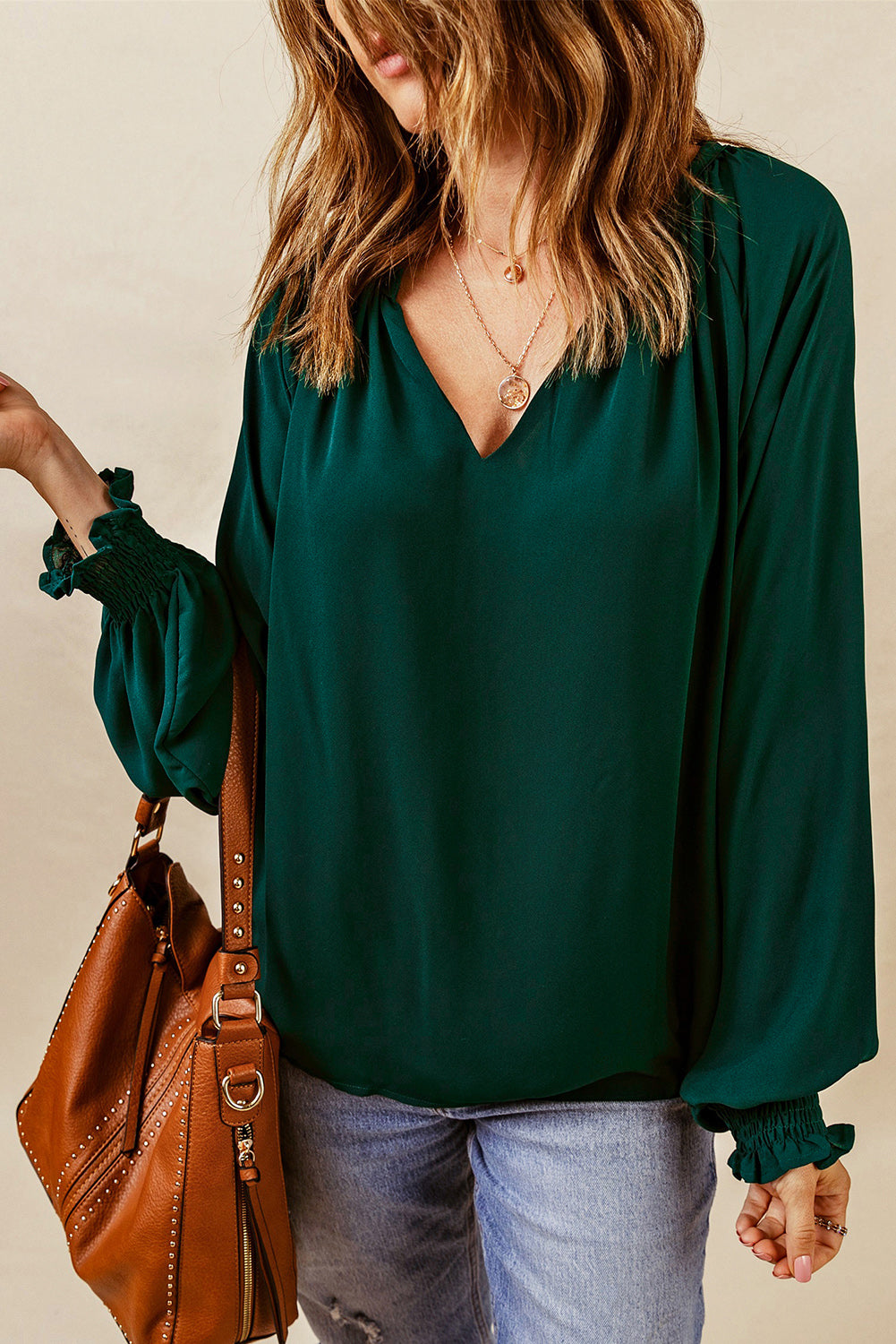 Full Size Notched Neck Lantern Sleeve Blouse