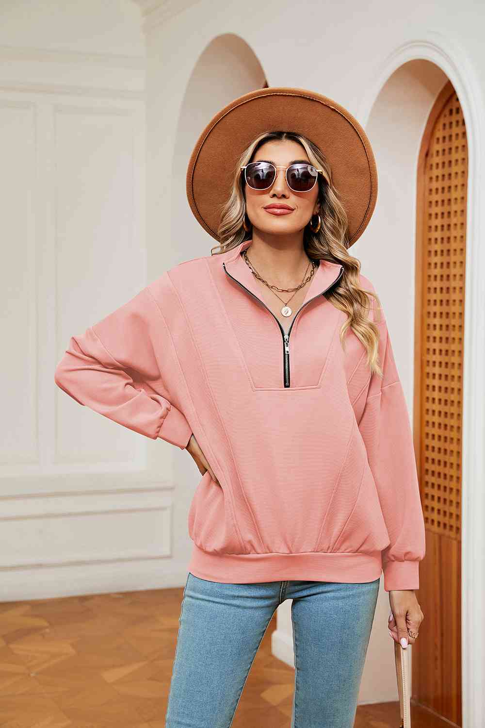 Full Size Half-Zip Dropped Shoulder Sweatshirt