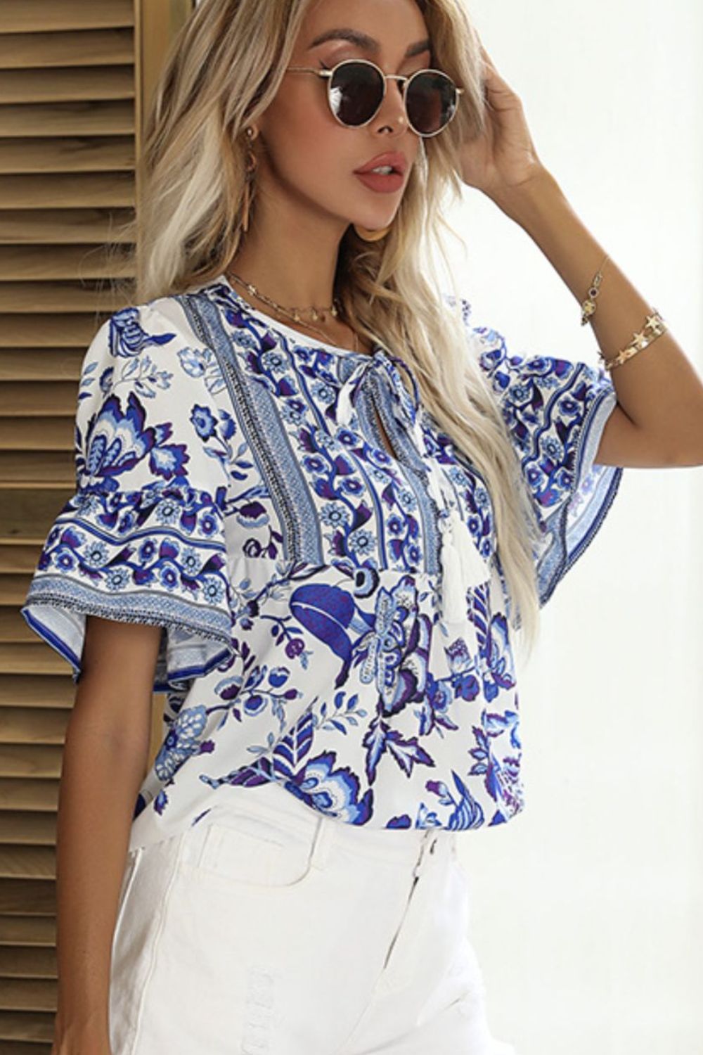 Women's Printed Buttoned Flounce Sleeve Blouse