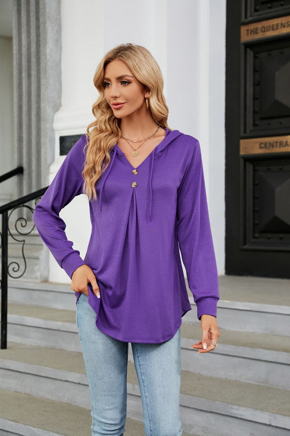 Full Size Long Sleeve Hooded Blouse