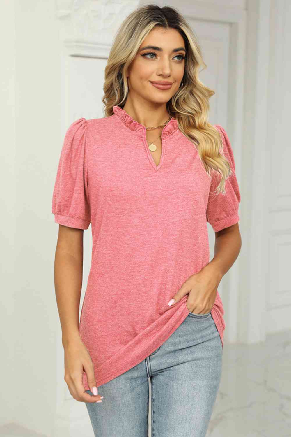 Full Size Notched Neck Puff Sleeve T-Shirt