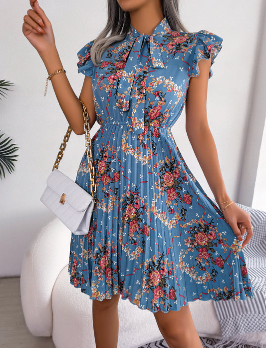 Aaliyah Isla Pleated Floral Printed Tie Neck Knee Length Dress