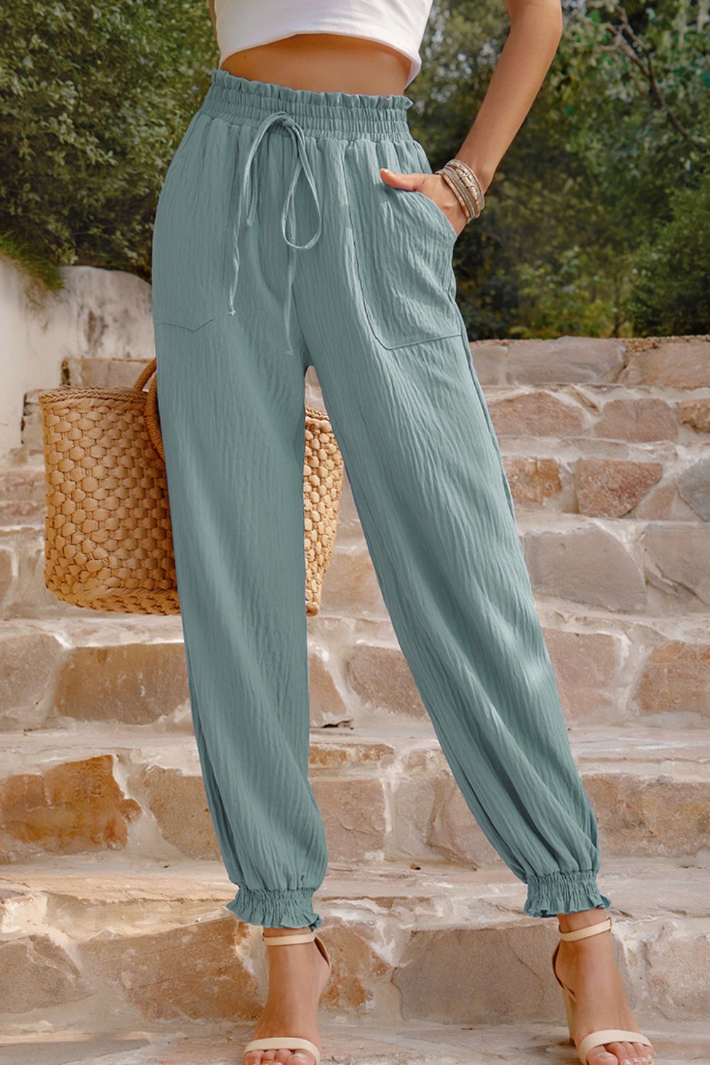 Women's Textured Smocked Waist Pants with Pockets