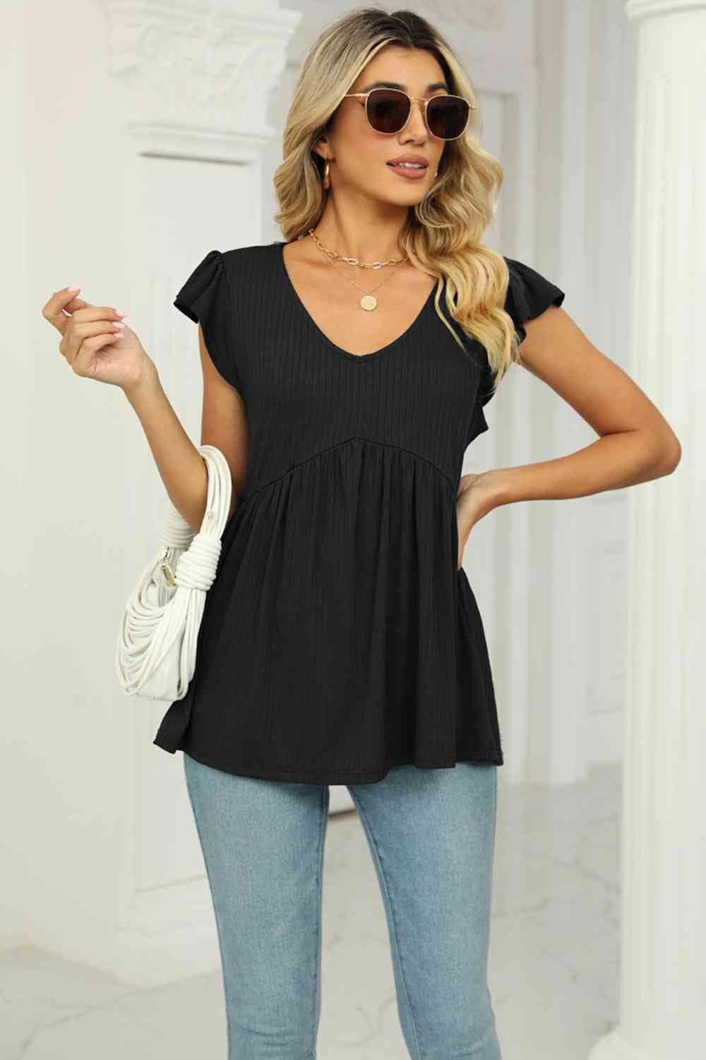 Full Size V-Neck Flutter Sleeve Babydoll Blouse