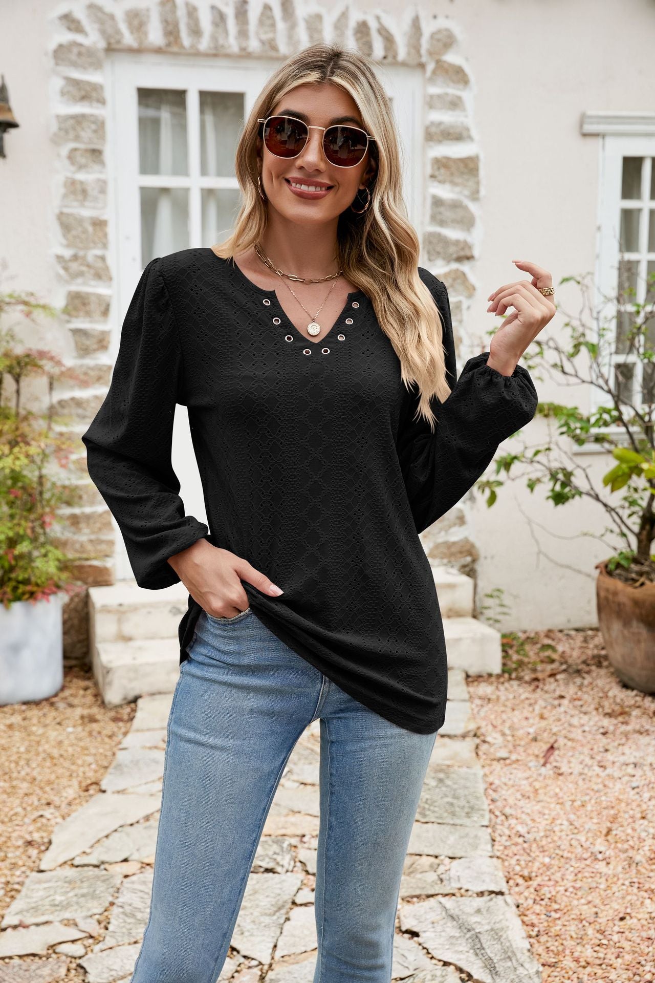 Eyelet Notched Neck Balloon Sleeve Blouse