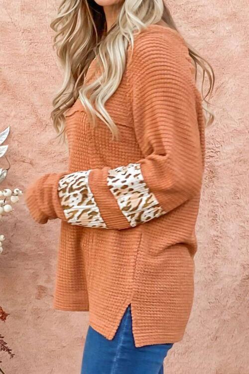 Sherbet Orange Waffle-Knit Leopard Long Sleeve Slit Blouse